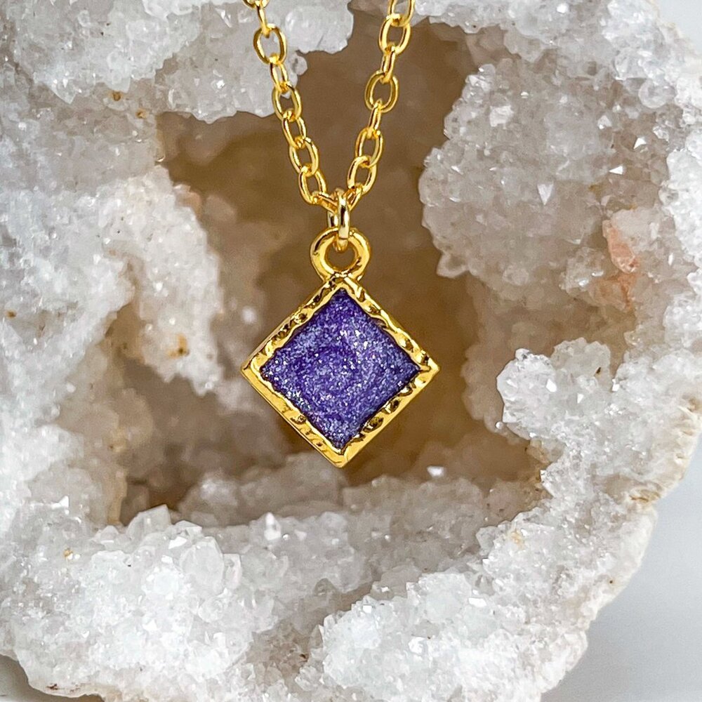 3/$20 14k Gold Purple Glitter Resin Diamond Handmade Charm Pendant Necklace